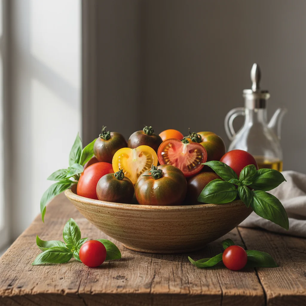 Heirloom tomatoes in ceramic bowl